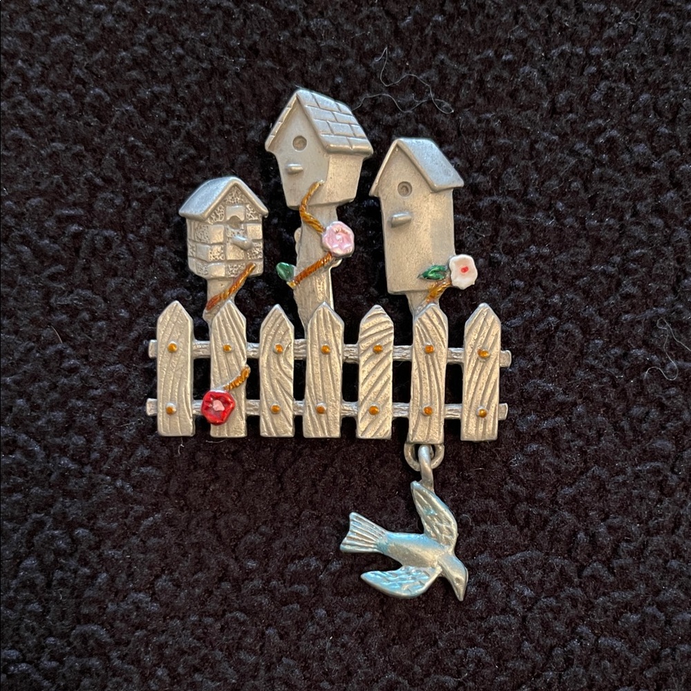 Charming Pewter Birdhouse Brooch with Bird Charm